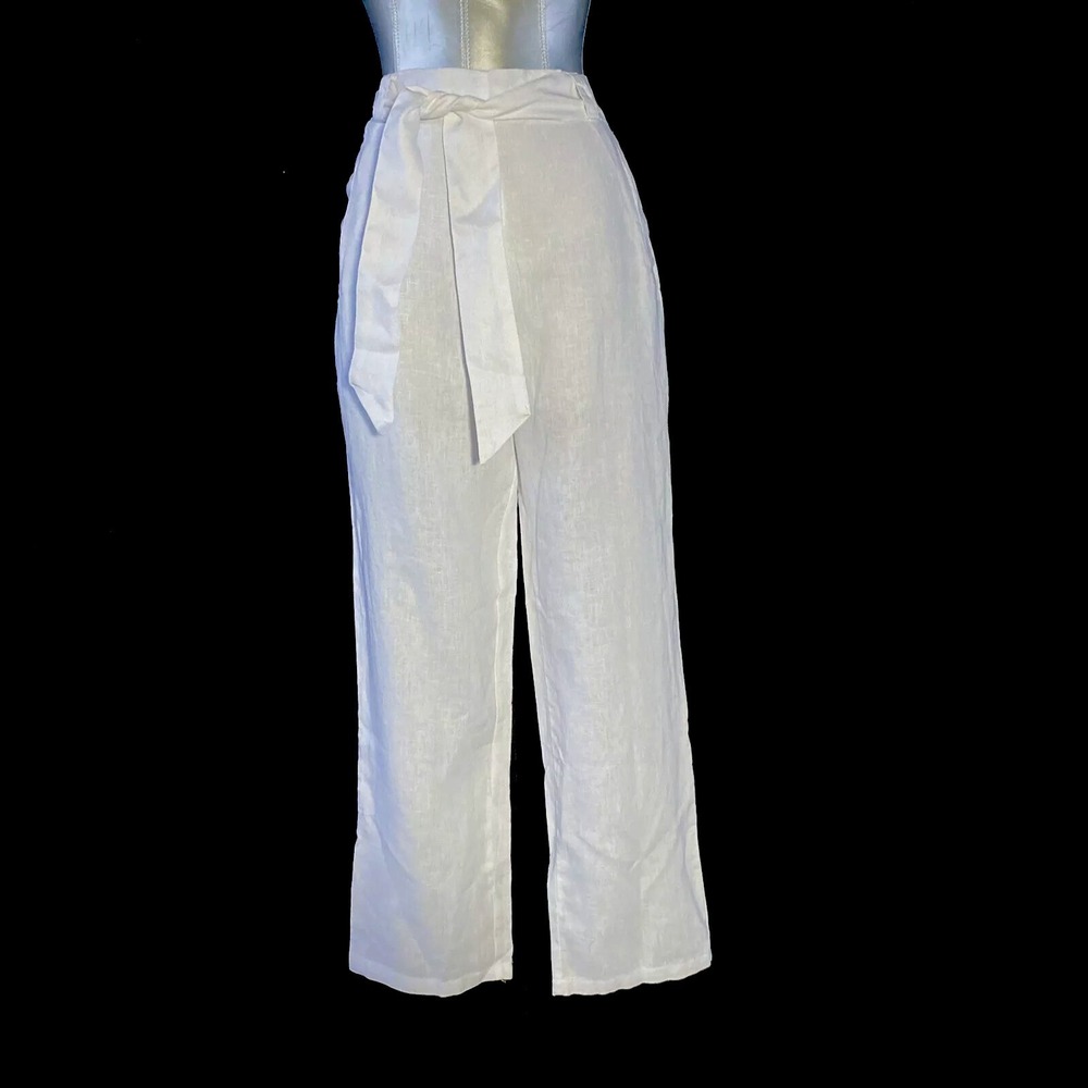 NWT PECK PECK Pants XL White Linen Resort Hi Waist Belt Pocket Business Vacation